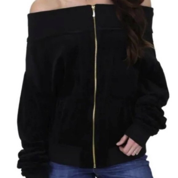 Juicy Couture Sweaters - Juicy Couture Black Label Velour Ruched Off The Shoulder Jacket Size S NWT